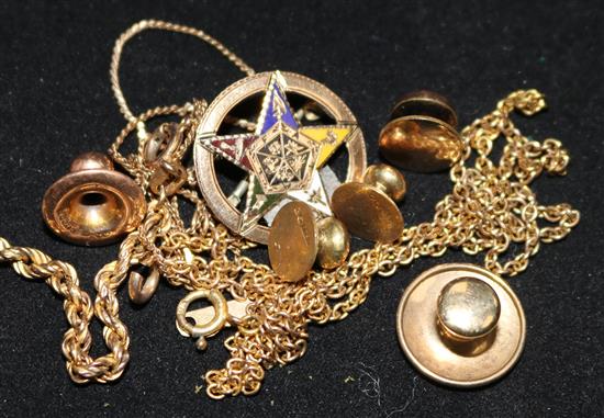 Five 9ct gold studs, three yellow metal chains and sundries.